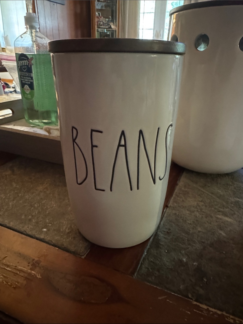 Rae Dunn White Ceramic Canister with 'BEANS' Black Script and Wood Lid